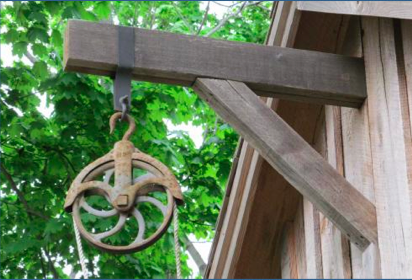 Antique Pulley and peak beam as it looks today on the May Barn. The RHA acquired the pulley on eBay for just $17!